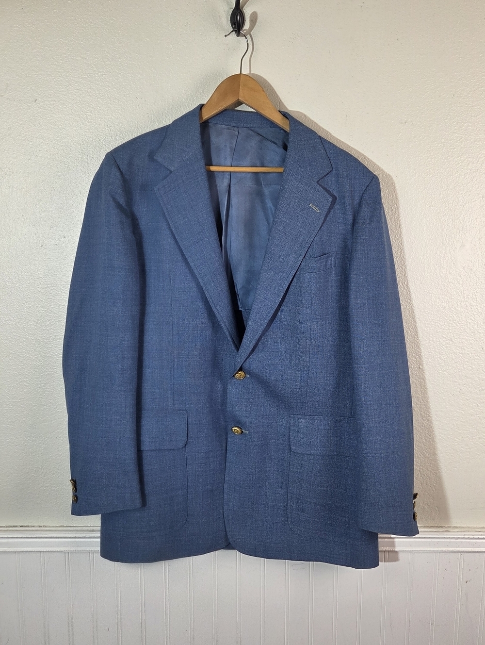 Vintage Stanley Blacker Mens Blue Brass Button Blazer 46L Custom George Nebel US